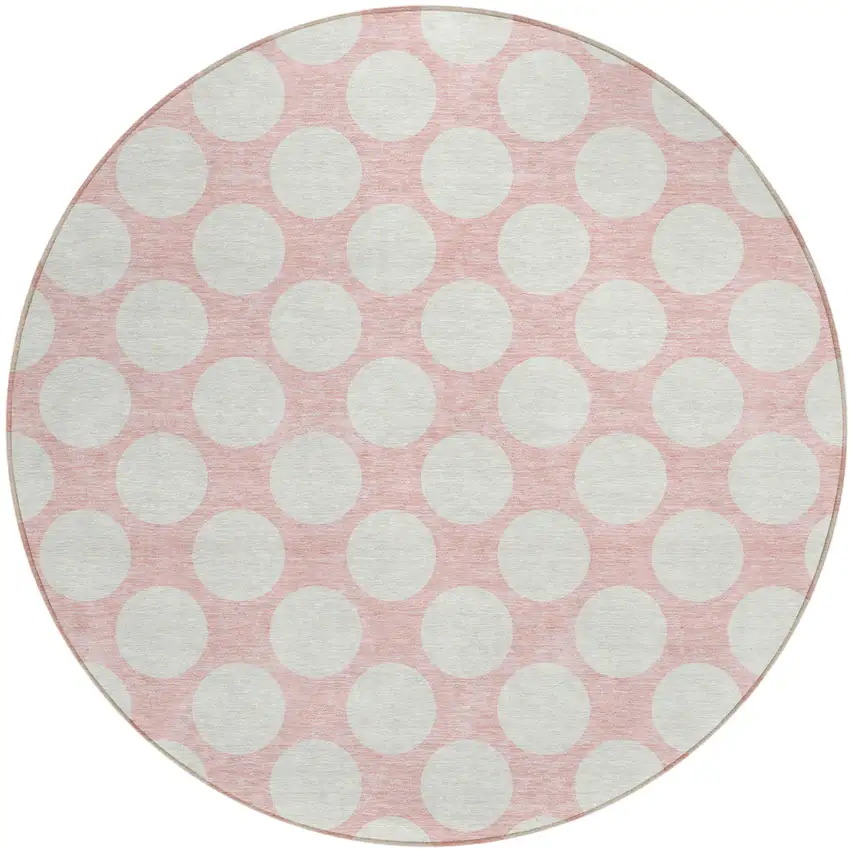 8' Pink And Gray Round Polka Dot Washable Indoor Outdoor Area Rug Photo 2