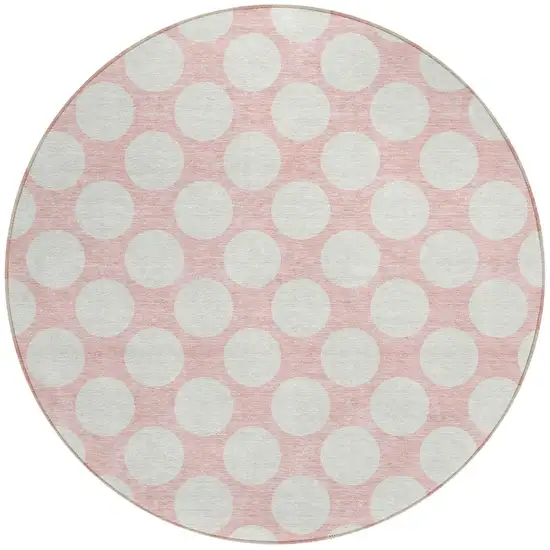 8' Pink And Gray Round Polka Dot Washable Indoor Outdoor Area Rug Photo 5