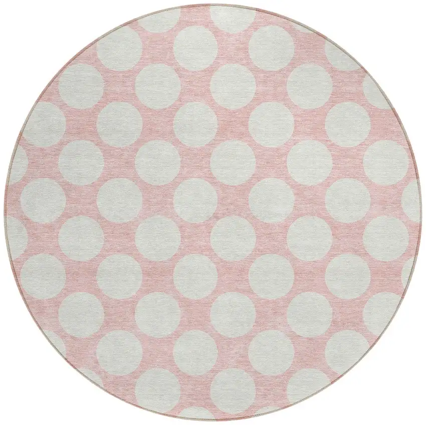 8' Pink And Gray Round Polka Dot Washable Indoor Outdoor Area Rug Photo 5