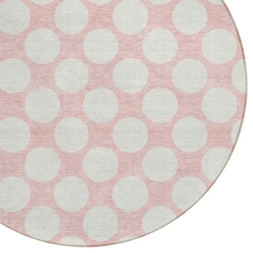 8' Pink And Gray Round Polka Dot Washable Indoor Outdoor Area Rug Photo 4