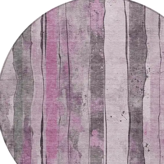 8' Pink And Gray Round Striped Washable Indoor Outdoor Area Rug Photo 4