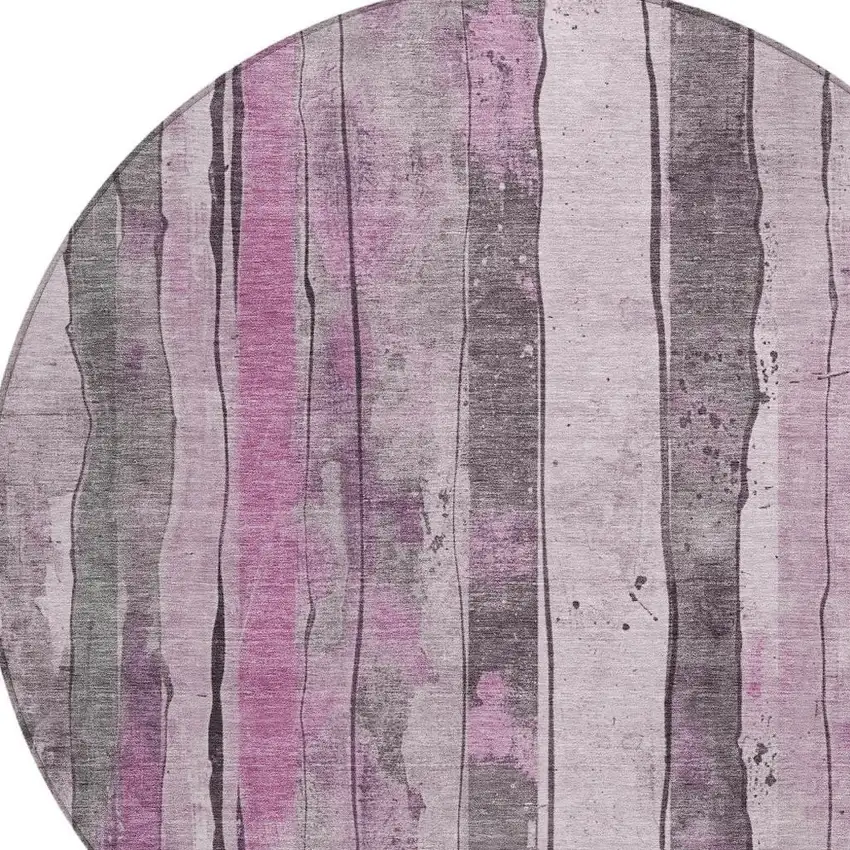 8' Pink And Gray Round Striped Washable Indoor Outdoor Area Rug Photo 4