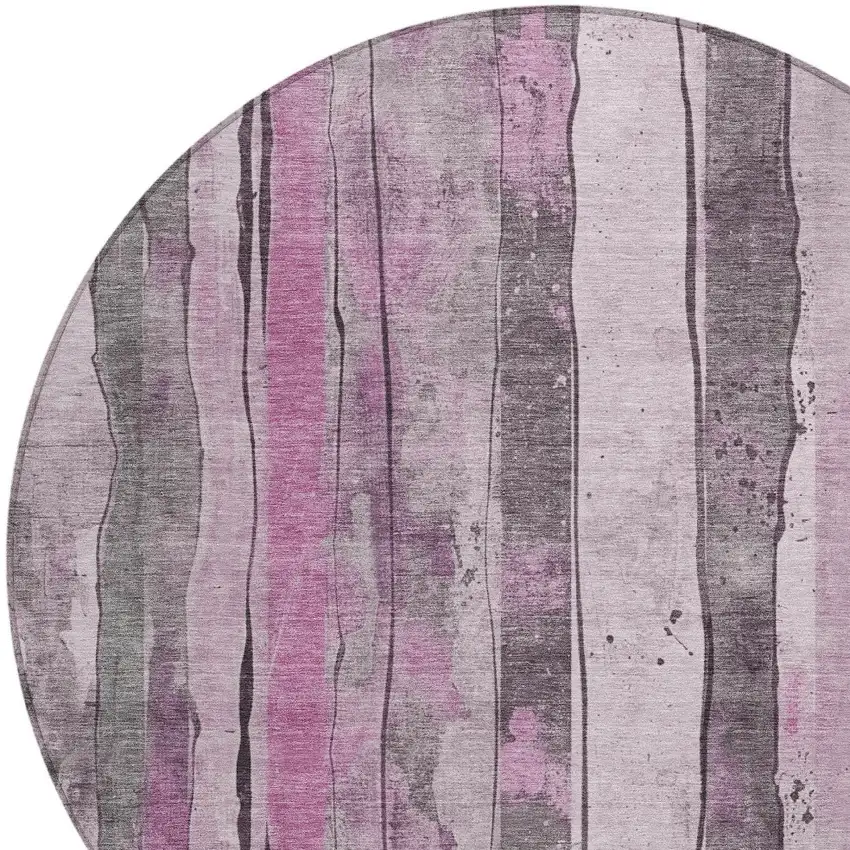 8' Pink And Gray Round Striped Washable Indoor Outdoor Area Rug Photo 8