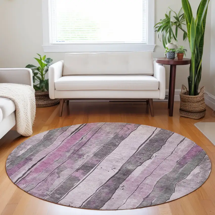 8' Pink And Gray Round Striped Washable Indoor Outdoor Area Rug Photo 6