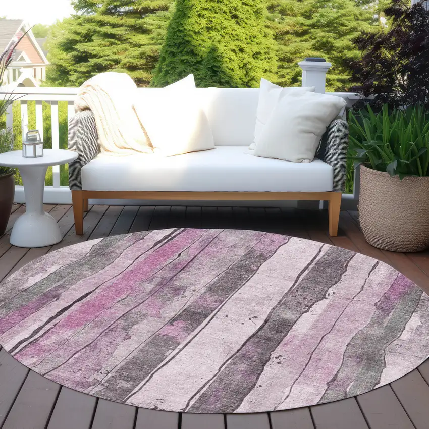 8' Pink And Gray Round Striped Washable Indoor Outdoor Area Rug Photo 5