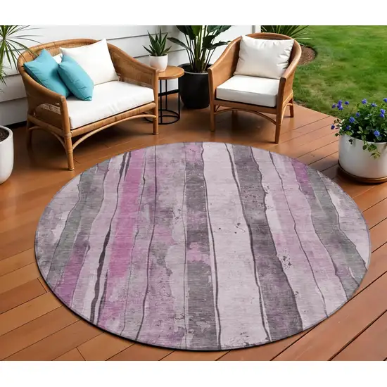8' Pink And Gray Round Striped Washable Indoor Outdoor Area Rug Photo 2