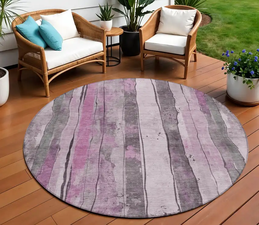 8' Pink And Gray Round Striped Washable Indoor Outdoor Area Rug Photo 2