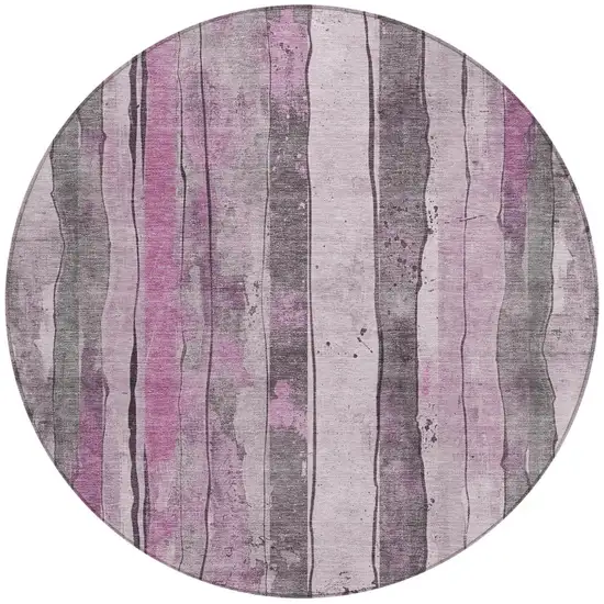 8' Pink And Gray Round Striped Washable Indoor Outdoor Area Rug Photo 3