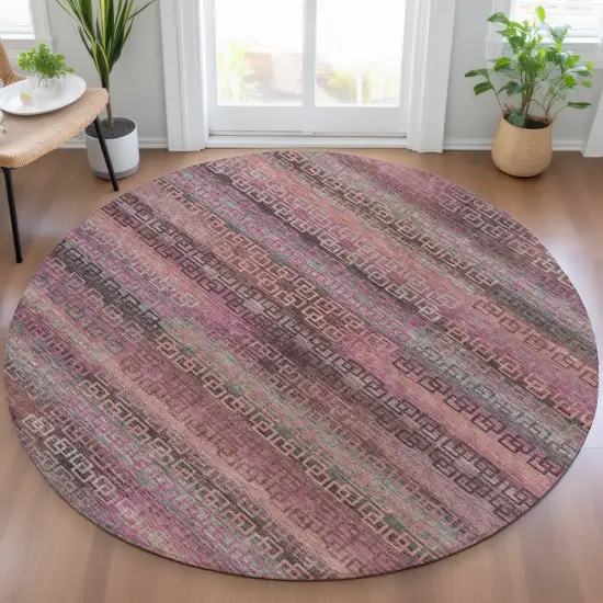 8' Pink And Gray Round Striped Washable Indoor Outdoor Area Rug Photo 6