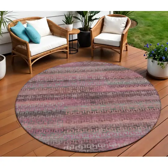 8' Pink And Gray Round Striped Washable Indoor Outdoor Area Rug Photo 2