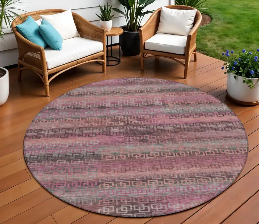 8' Pink And Gray Round Striped Washable Indoor Outdoor Area Rug Photo 2