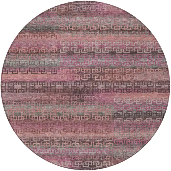 8' Pink And Gray Round Striped Washable Indoor Outdoor Area Rug Photo 3