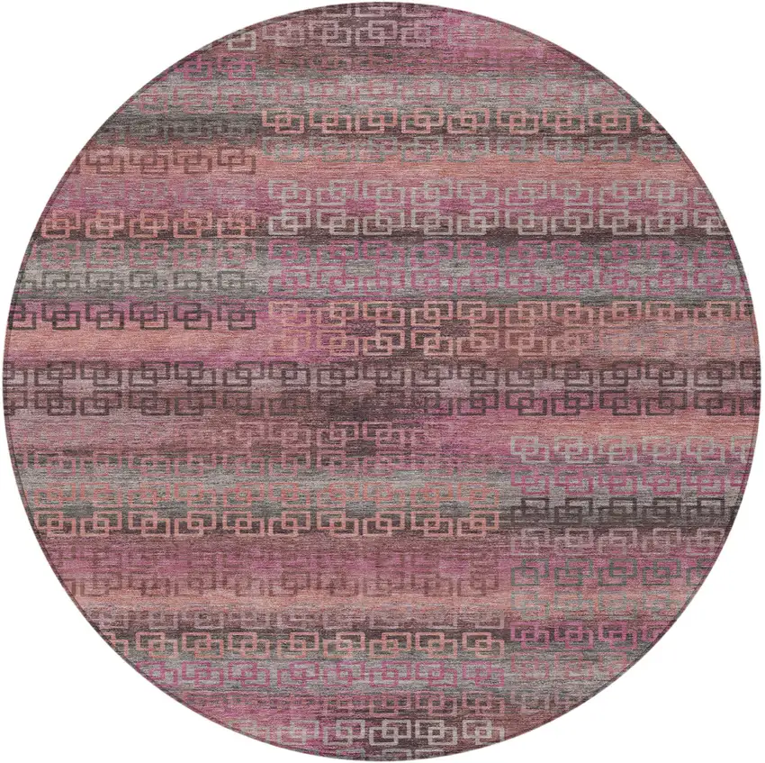 8' Pink And Gray Round Striped Washable Indoor Outdoor Area Rug Photo 3