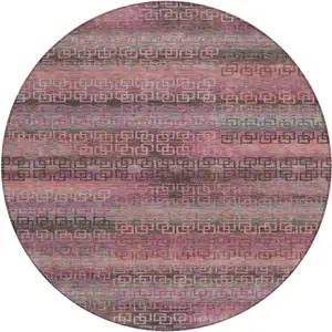 Photo of 8' Pink And Gray Round Striped Washable Indoor Outdoor Area Rug