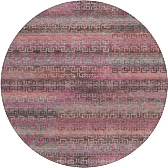 8' Pink And Gray Round Striped Washable Indoor Outdoor Area Rug Photo 1