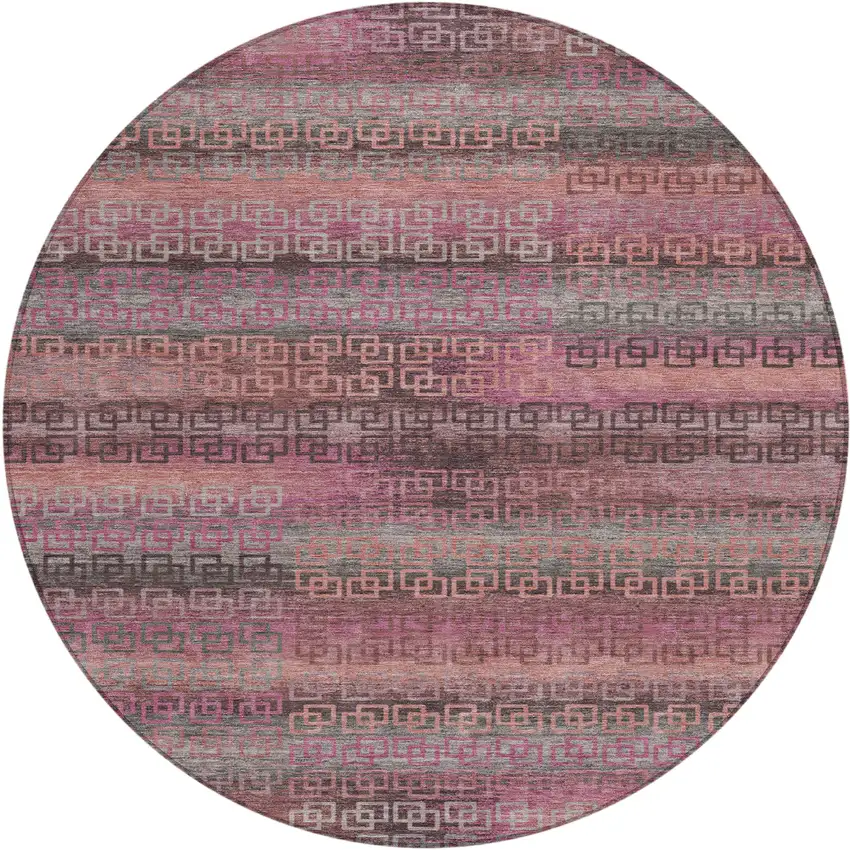8' Pink And Gray Round Striped Washable Indoor Outdoor Area Rug Photo 1