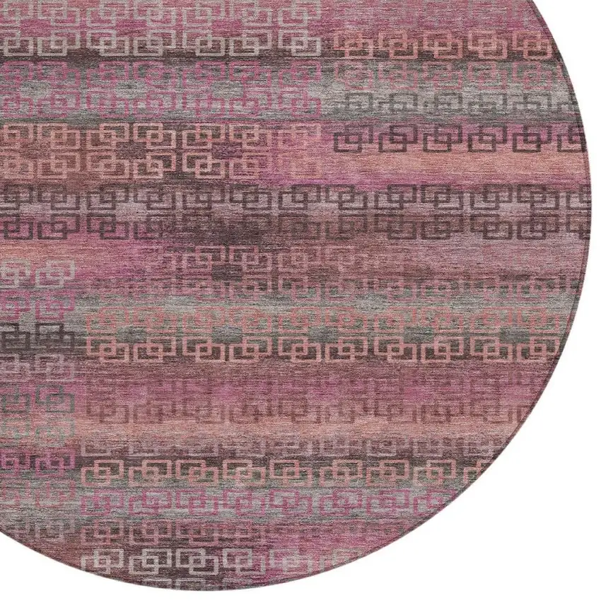 8' Pink And Gray Round Striped Washable Indoor Outdoor Area Rug Photo 4
