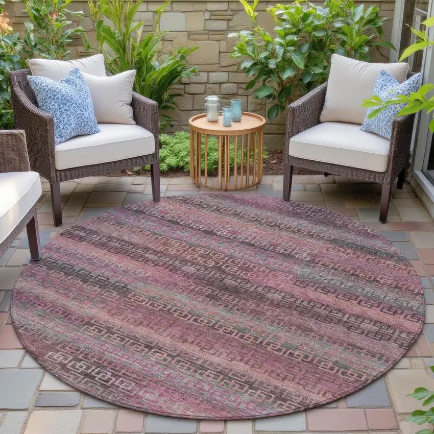 8' Pink And Gray Round Striped Washable Indoor Outdoor Area Rug Photo 7