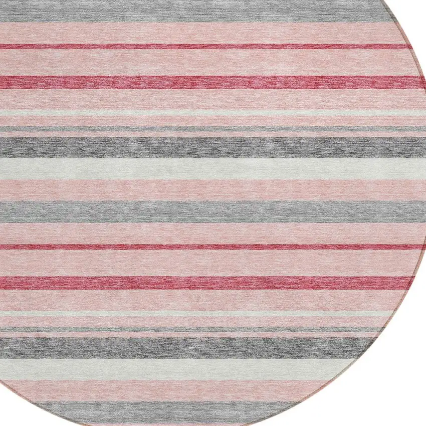 8' Pink And Gray Round Striped Washable Indoor Outdoor Area Rug Photo 5