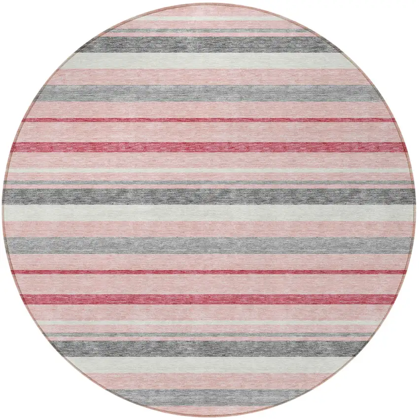 8' Pink And Gray Round Striped Washable Indoor Outdoor Area Rug Photo 6