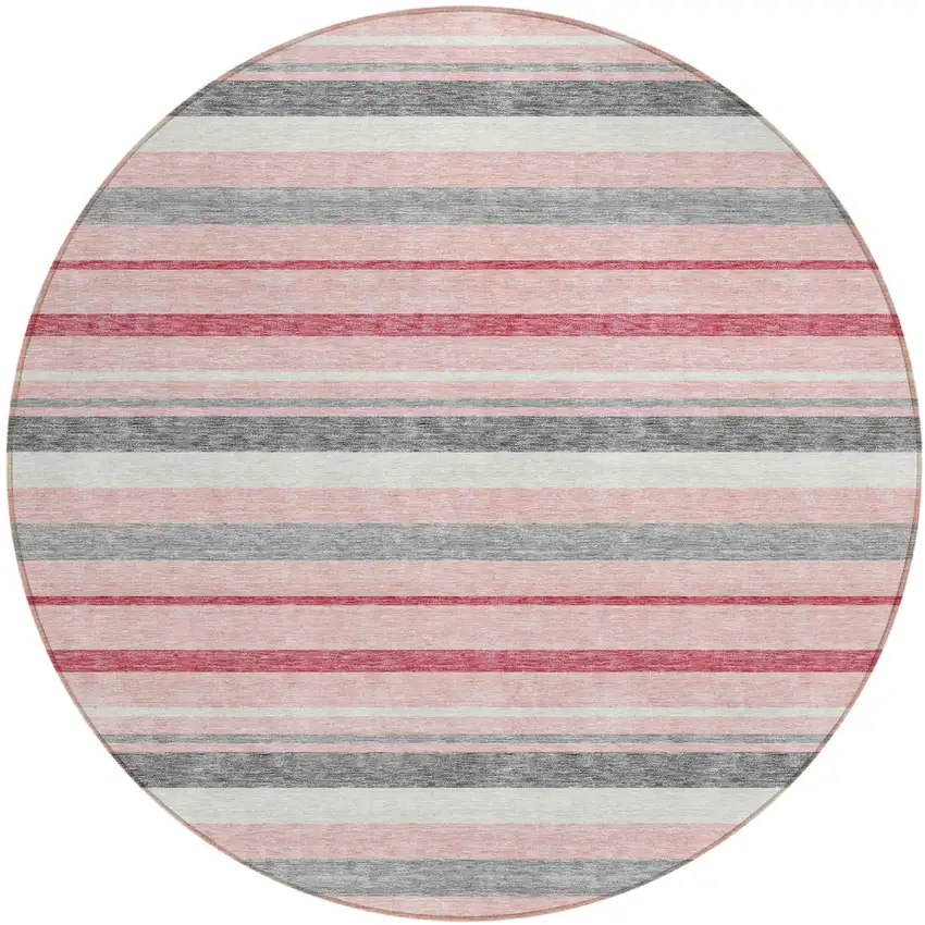 8' Pink And Gray Round Striped Washable Indoor Outdoor Area Rug Photo 2