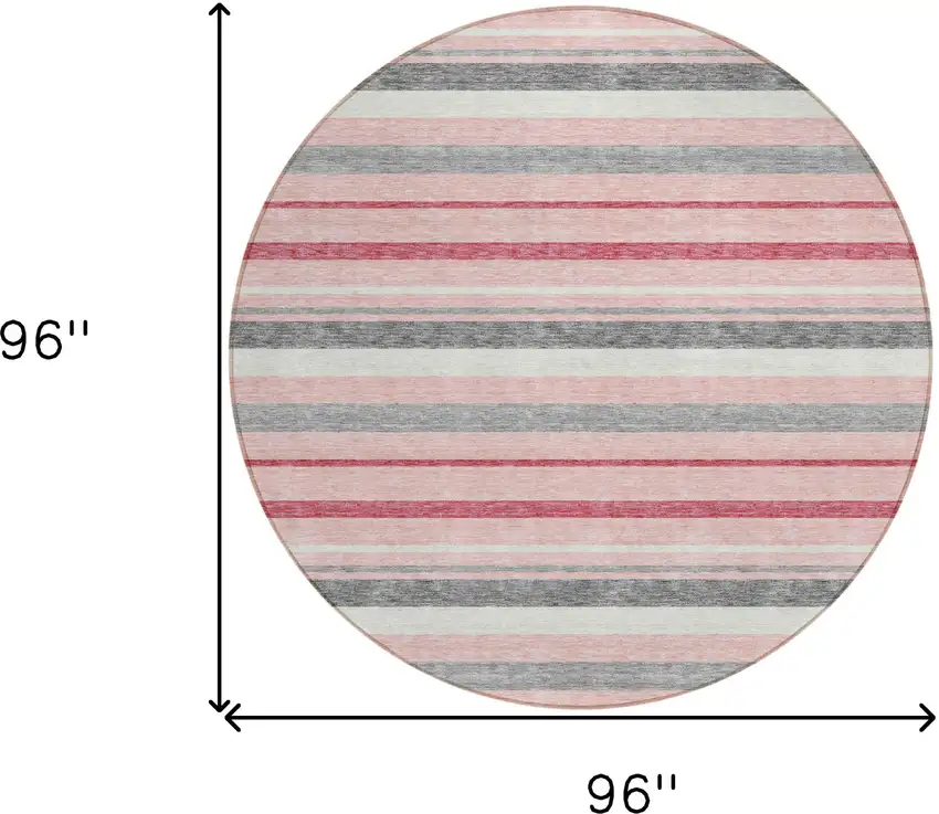 8' Pink And Gray Round Striped Washable Indoor Outdoor Area Rug Photo 3