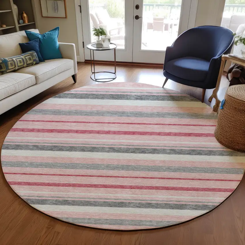 8' Pink And Gray Round Striped Washable Indoor Outdoor Area Rug Photo 8