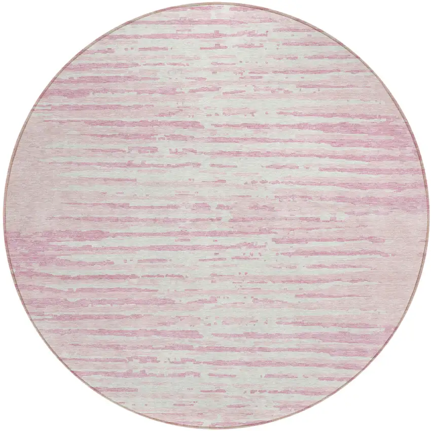 8' Pink And Gray Round Striped Washable Indoor Outdoor Area Rug Photo 2
