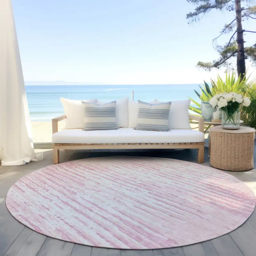 8' Pink And Gray Round Striped Washable Indoor Outdoor Area Rug Photo 8