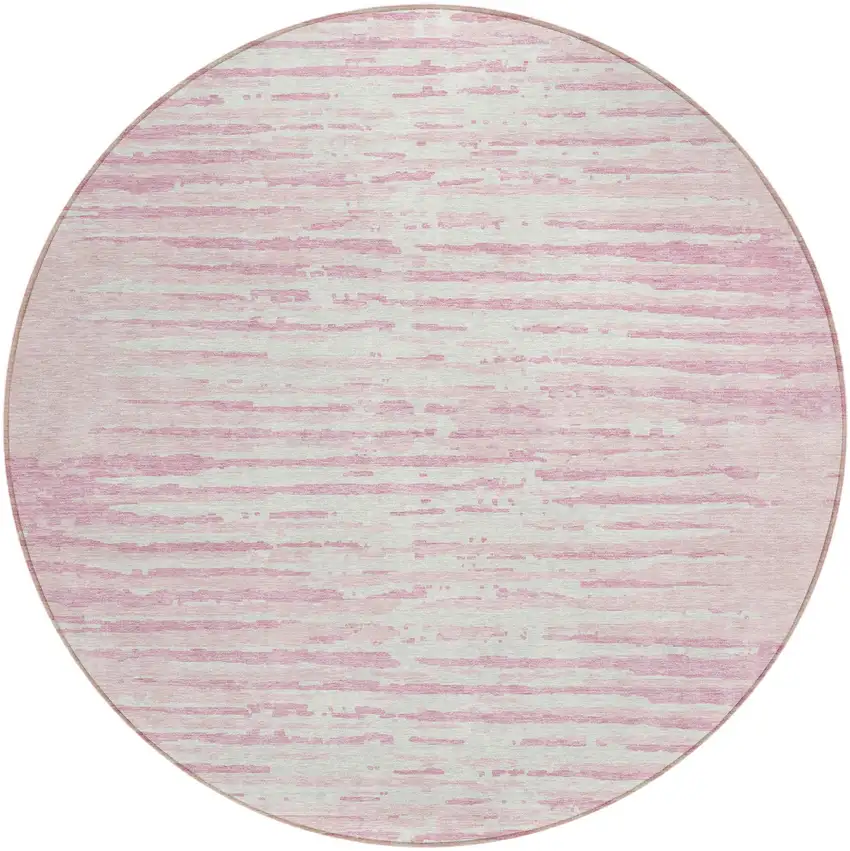 8' Pink And Gray Round Striped Washable Indoor Outdoor Area Rug Photo 2