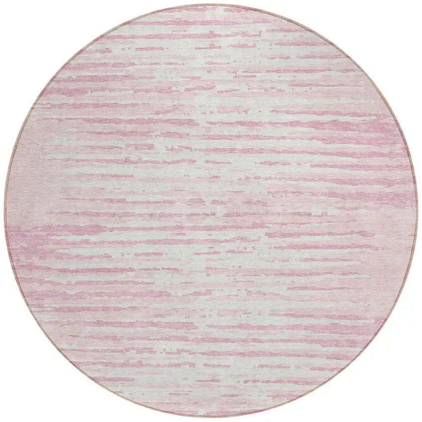 8' Pink And Gray Round Striped Washable Indoor Outdoor Area Rug Photo 6