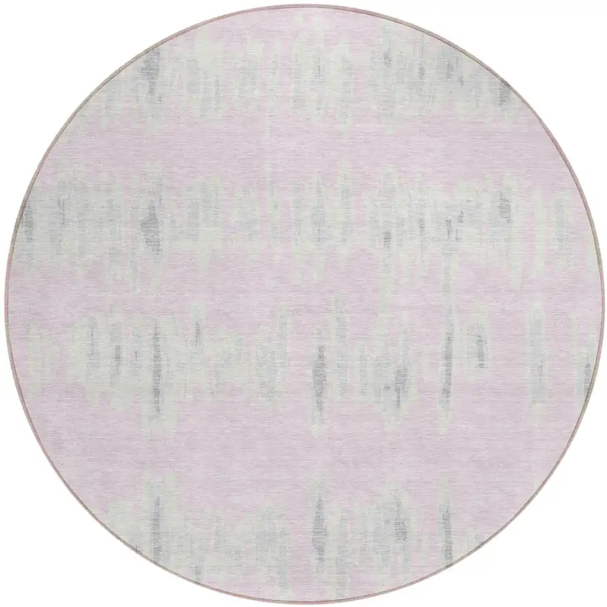 8' Pink And Gray Round Striped Washable Indoor Outdoor Area Rug Photo 2