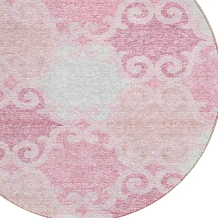 8' Pink And Gray Round Trellis Washable Indoor Outdoor Area Rug Photo 5