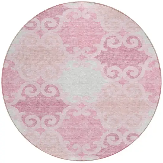 8' Pink And Gray Round Trellis Washable Indoor Outdoor Area Rug Photo 6