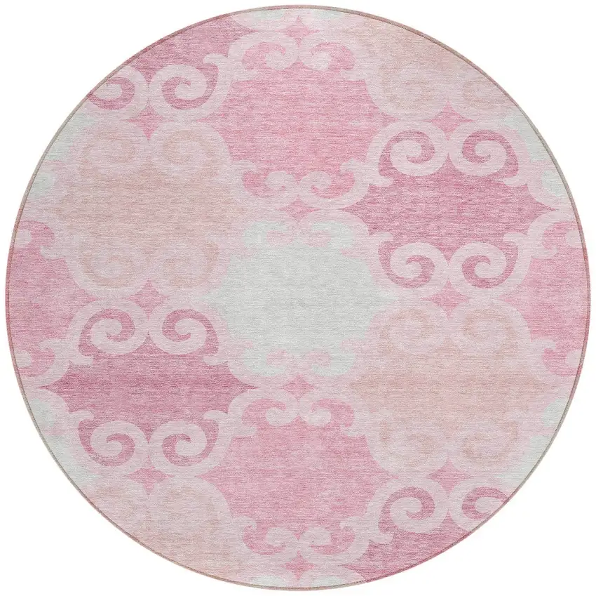 8' Pink And Gray Round Trellis Washable Indoor Outdoor Area Rug Photo 6