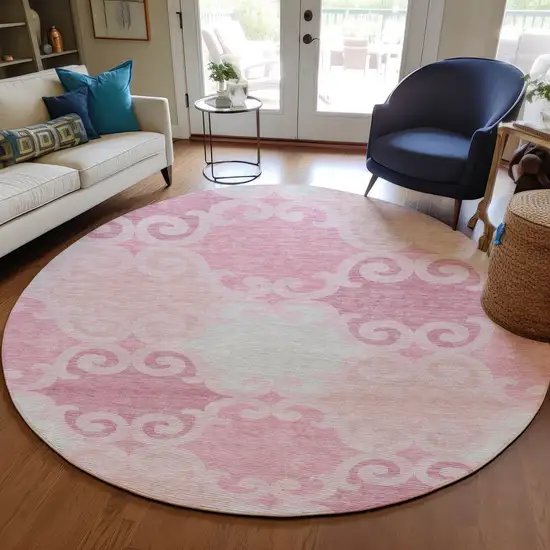 8' Pink And Gray Round Trellis Washable Indoor Outdoor Area Rug Photo 8
