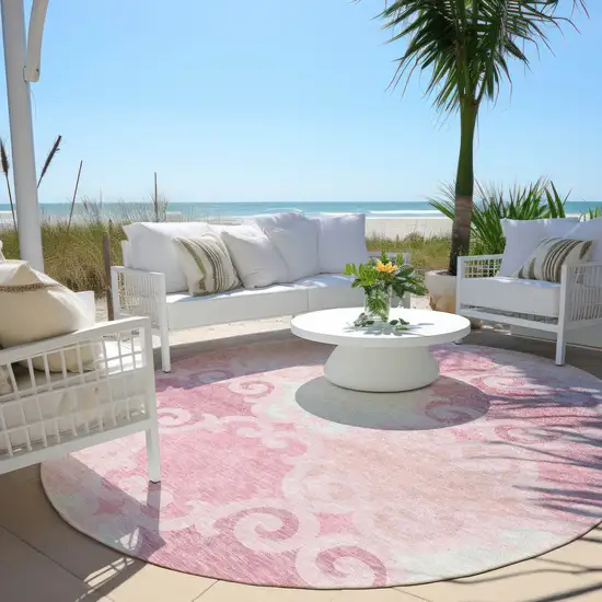8' Pink And Gray Round Trellis Washable Indoor Outdoor Area Rug Photo 7