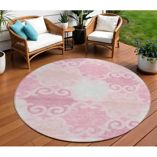 8' Pink And Gray Round Trellis Washable Indoor Outdoor Area Rug Photo 1