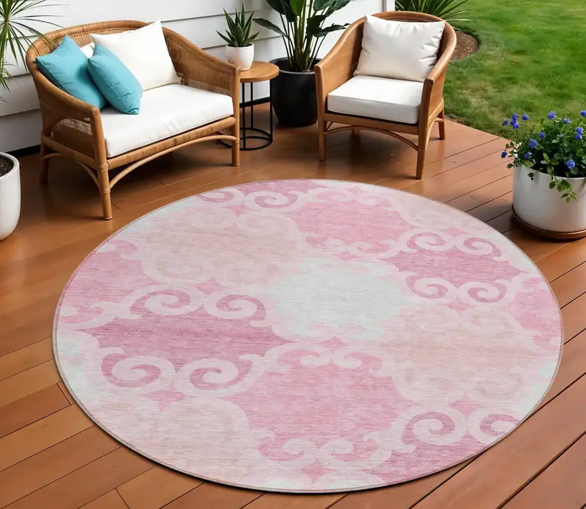 8' Pink And Gray Round Trellis Washable Indoor Outdoor Area Rug Photo 1