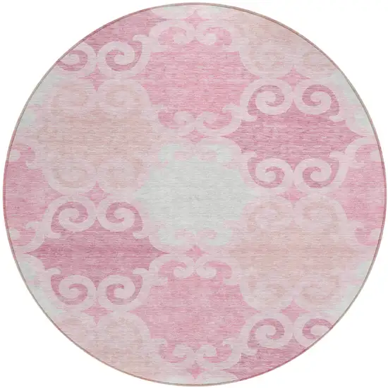 8' Pink And Gray Round Trellis Washable Indoor Outdoor Area Rug Photo 2