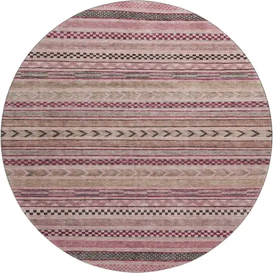 8' Pink And Gray Striped Washable Round Rug With UV Protection Photo 1