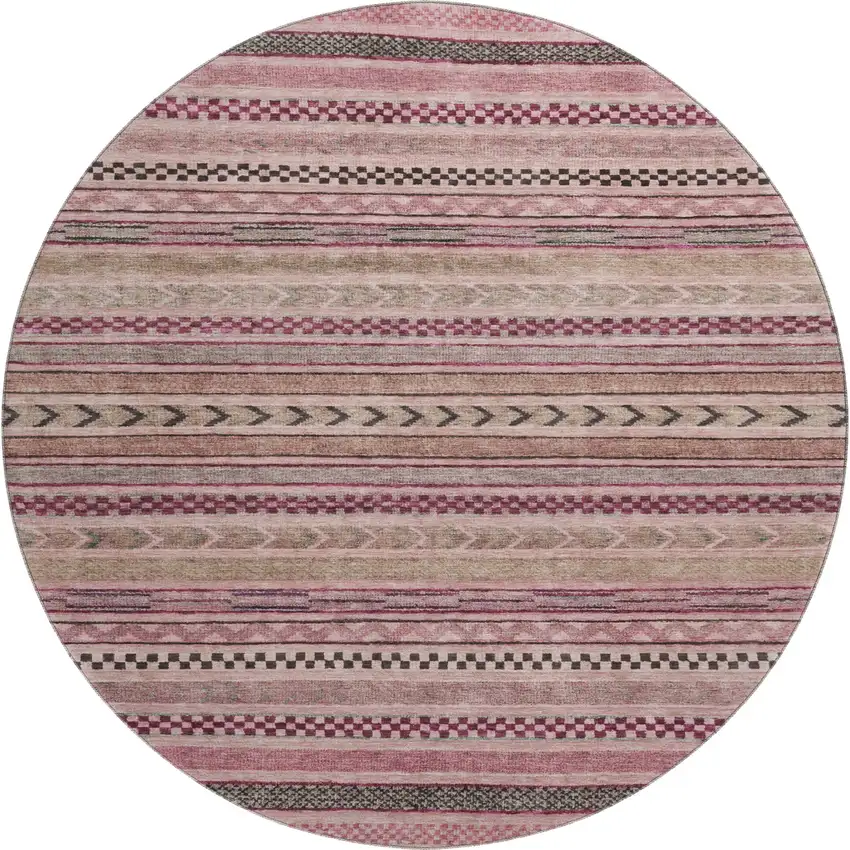 8' Pink And Gray Striped Washable Round Rug With UV Protection Photo 1