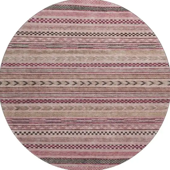 8' Pink And Gray Striped Washable Round Rug With UV Protection Photo 3