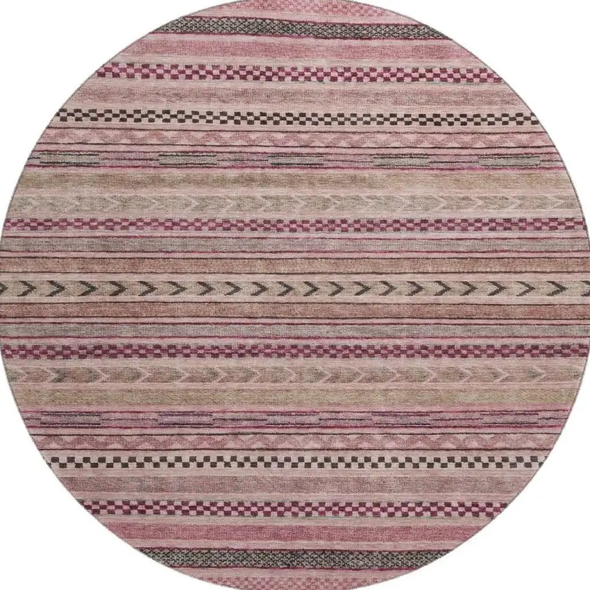 8' Pink And Gray Striped Washable Round Rug With UV Protection Photo 3