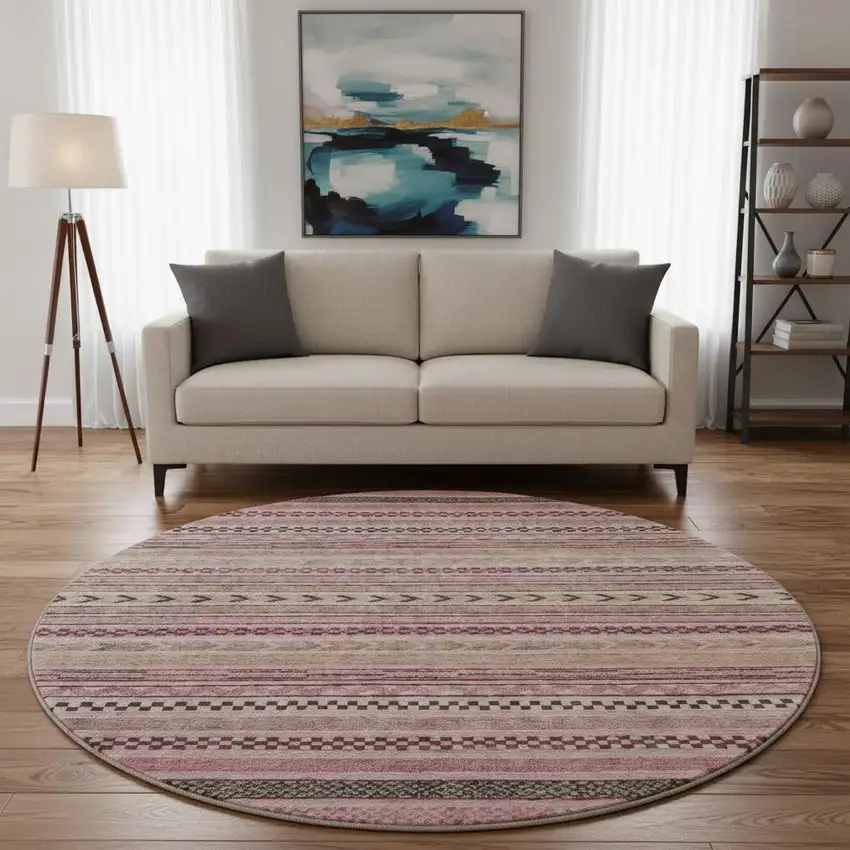8' Pink And Gray Striped Washable Round Rug With UV Protection Photo 2