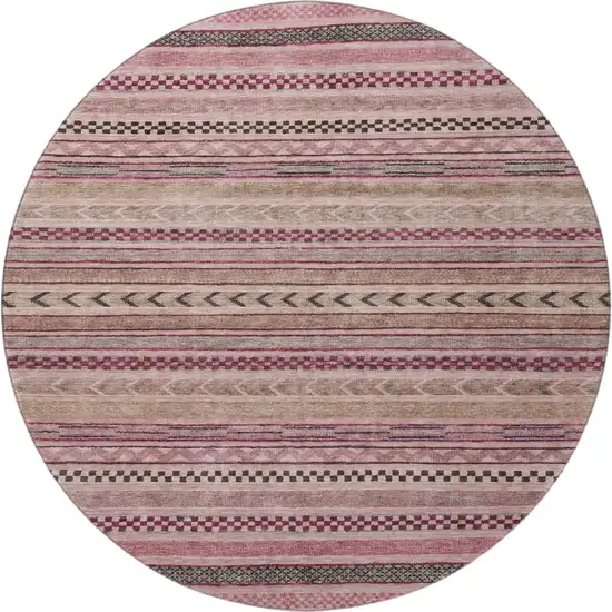 8' Pink And Gray Striped Washable Round Rug With UV Protection Photo 3