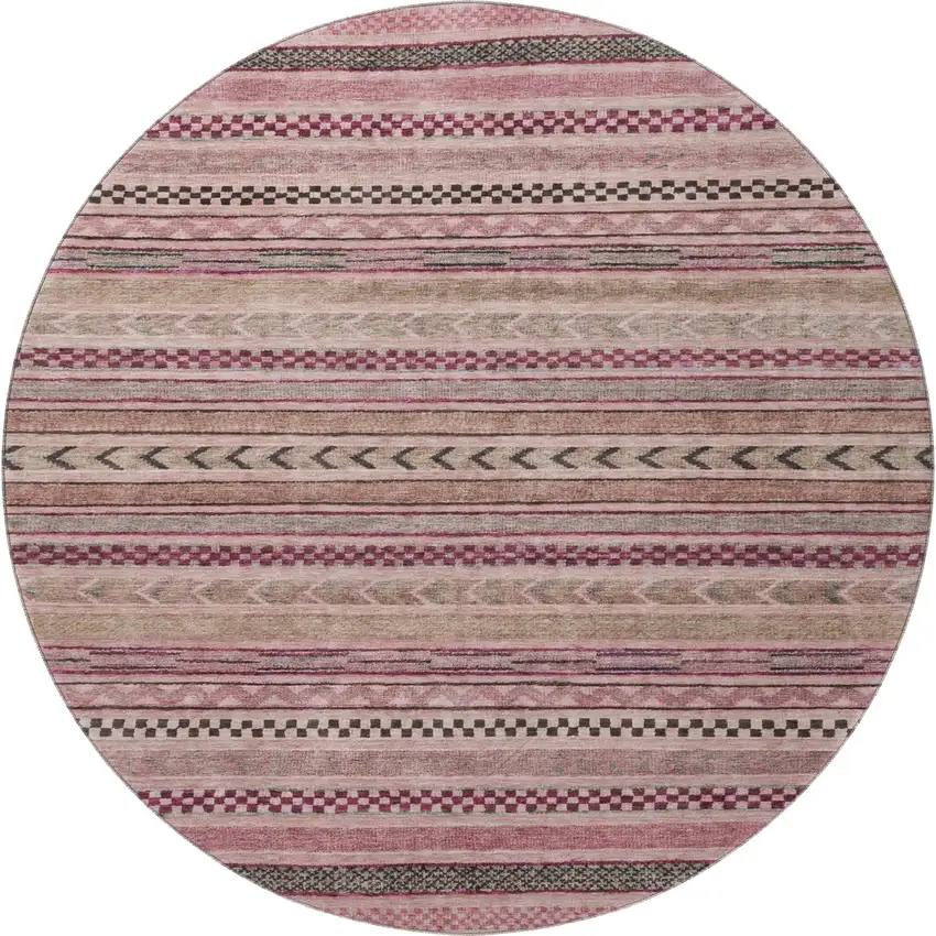 8' Pink And Gray Striped Washable Round Rug With UV Protection Photo 3