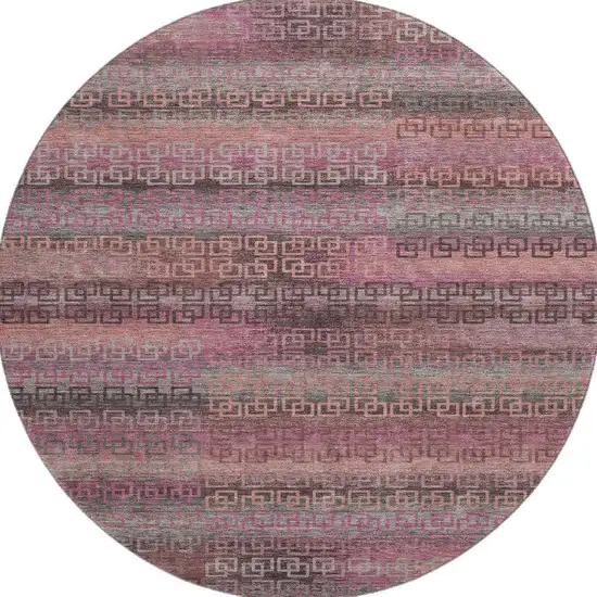 8' Pink And Gray Striped Washable Round Rug With UV Protection Photo 3