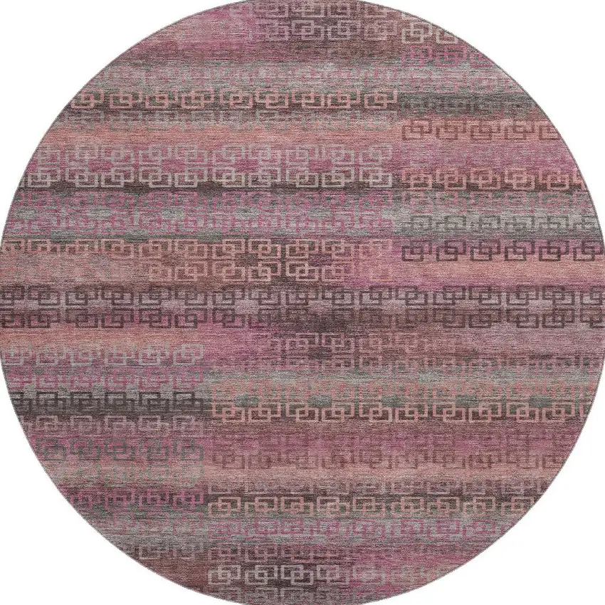8' Pink And Gray Striped Washable Round Rug With UV Protection Photo 3