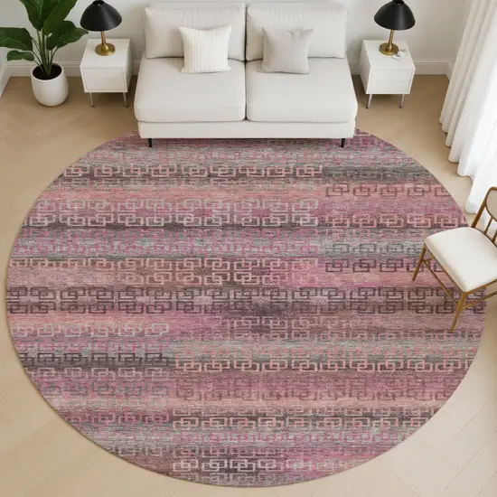 8' Pink And Gray Striped Washable Round Rug With UV Protection Photo 4